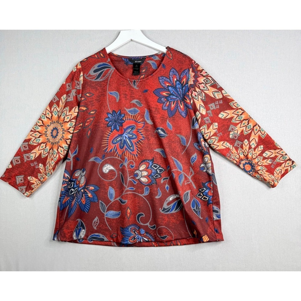 Ali Miles Tunic Top Womens 0X XL Red Floral Boho 3/4 Sleeve Scoop‎ Neck Mandala